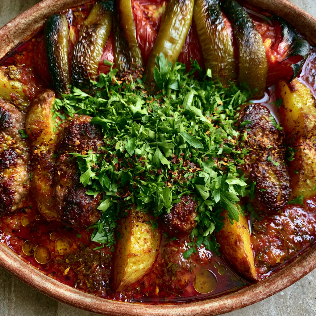 Izmir Kofte baking dish featuring charred green peppers and blackened tomato slices on top.