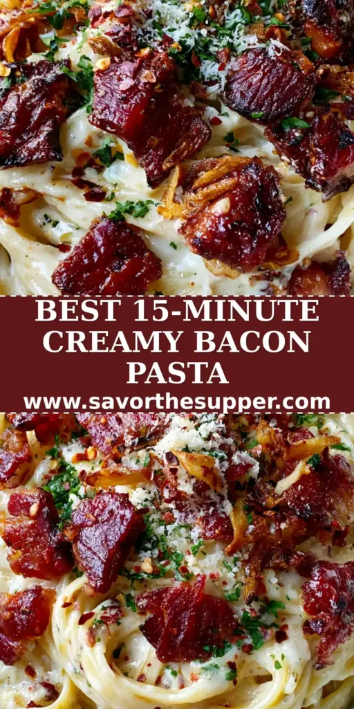 A top-down view of garlic bacon pasta in a white bowl featuring thick fettuccine strands, ivory cream sauce, and jagged crispy bacon pieces.