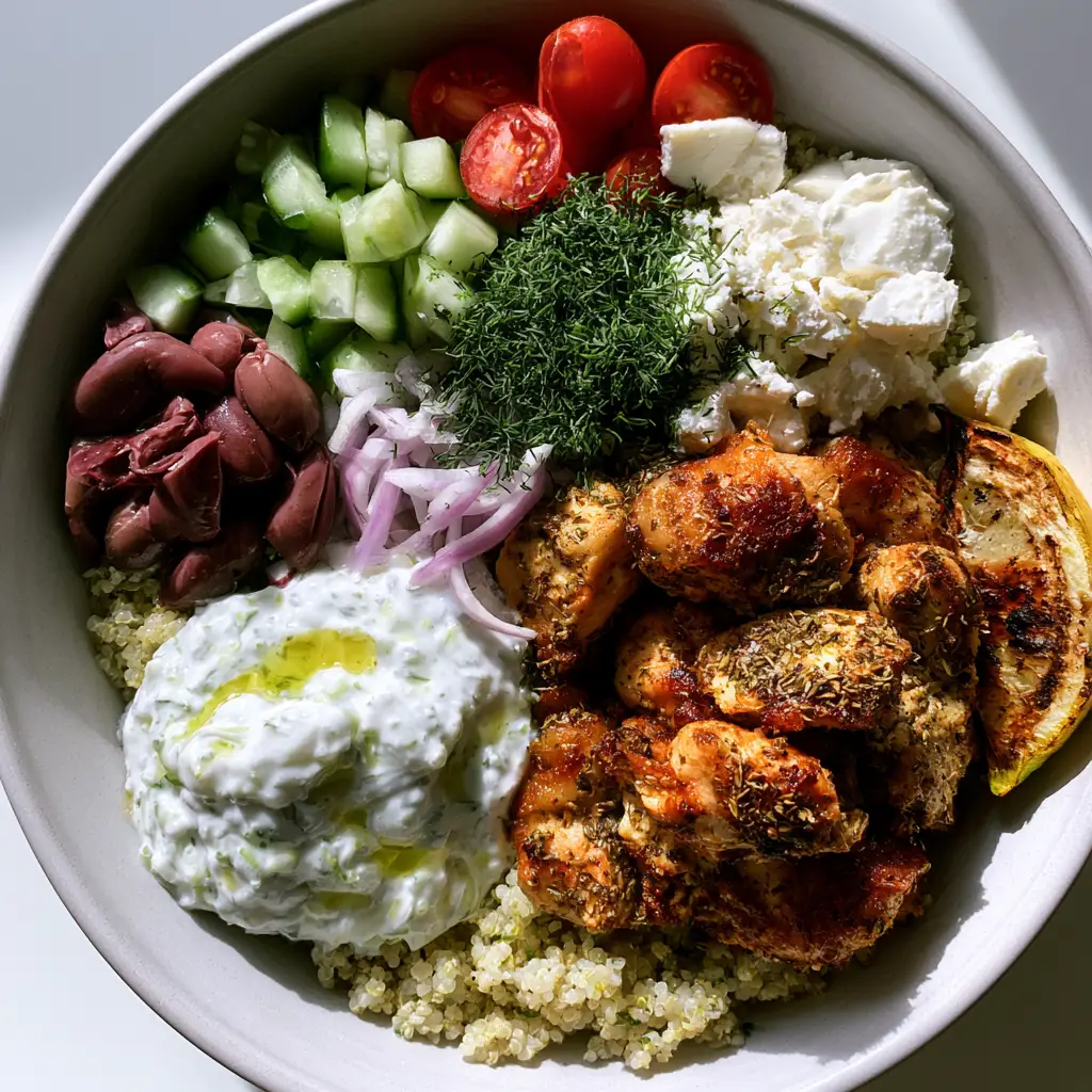 A vertically-oriented gourmet Greek chicken meal prep bowl with feta and olives.