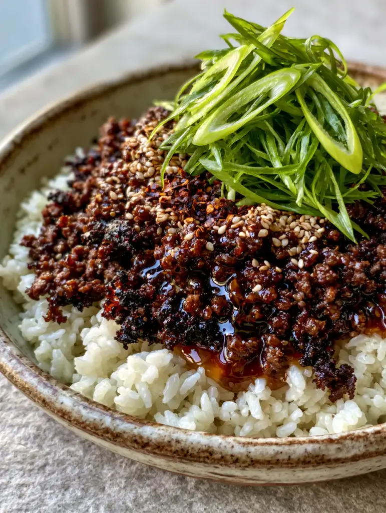 Ground Beef Bowl Recipes: Crispy Honey Garlic Beef with Jasmine Rice 1 Handheld smartphone photo of a rustic beef bowl on a gray stone surface with natural window lighting. (ground beef bowl recipes)