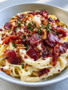 Close-up of garlic bacon pasta showing the glossy texture of the ivory cream sauce and toasted golden garlic slivers.