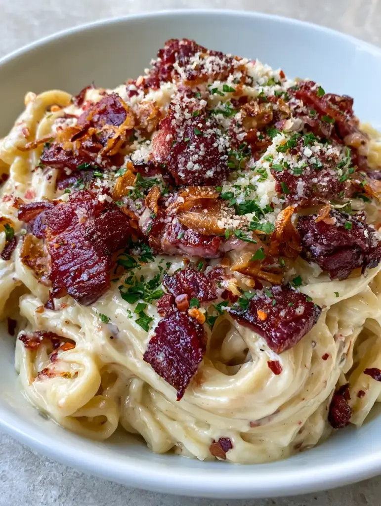 Handheld photo of garlic bacon pasta in a ceramic bowl with charred bacon edges and fresh parsley garnish.