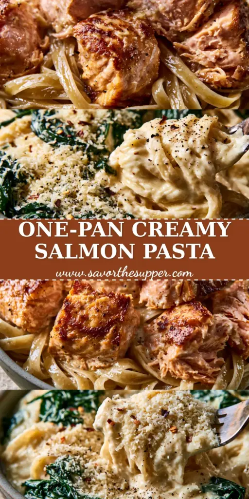 A top-down view of a spinach salmon pasta recipe in a rustic grey pan, showing golden seared salmon and creamy fettuccine. (spinach salmon pasta recipe)