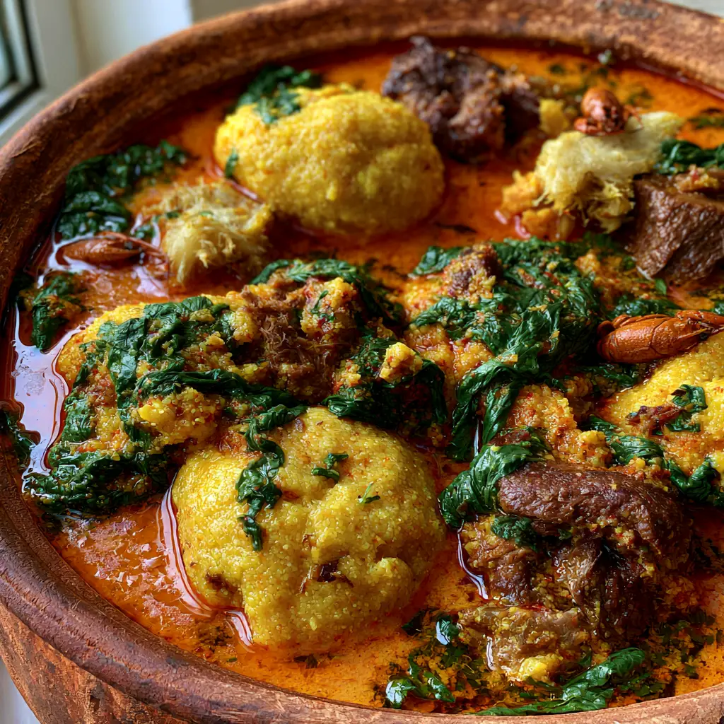 Egusi Soup Recipe: The Secret to Perfectly Steamed Melon Lumps 2 Handheld photo showing firm golden-yellow melon seed lumps in a vibrant red palm oil sauce. (Egusi Soup Recipe)