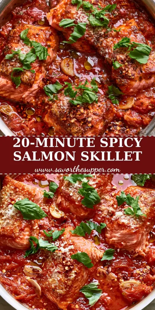 Salmon all'Arrabbiata: Crispy Skin Fillets in a Spicy Tomato Sauce 4 A top-down view of three crispy skin Salmon all'Arrabbiata fillets in a vibrant red tomato sauce with sliced garlic and basil in a stainless steel skillet.