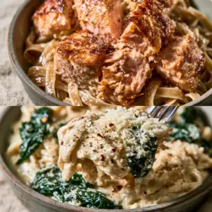 Collage of creamy garlic salmon pasta showing flaky salmon chunks and glossy ivory sauce. (spinach salmon pasta recipe)