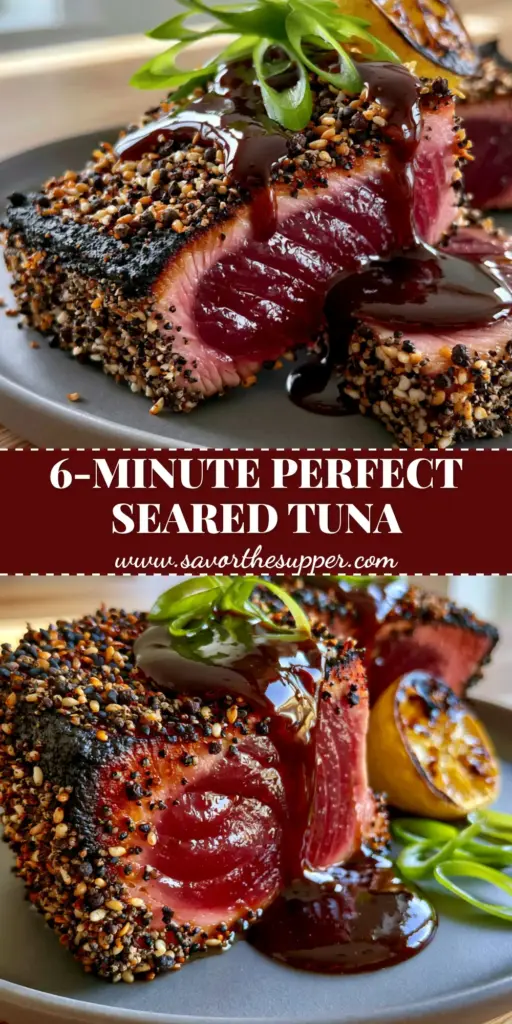 A close-up of two air fryer tuna steaks with a sesame seed crust, sliced to show the rare pink interior on a grey plate. (air fryer tuna steaks)