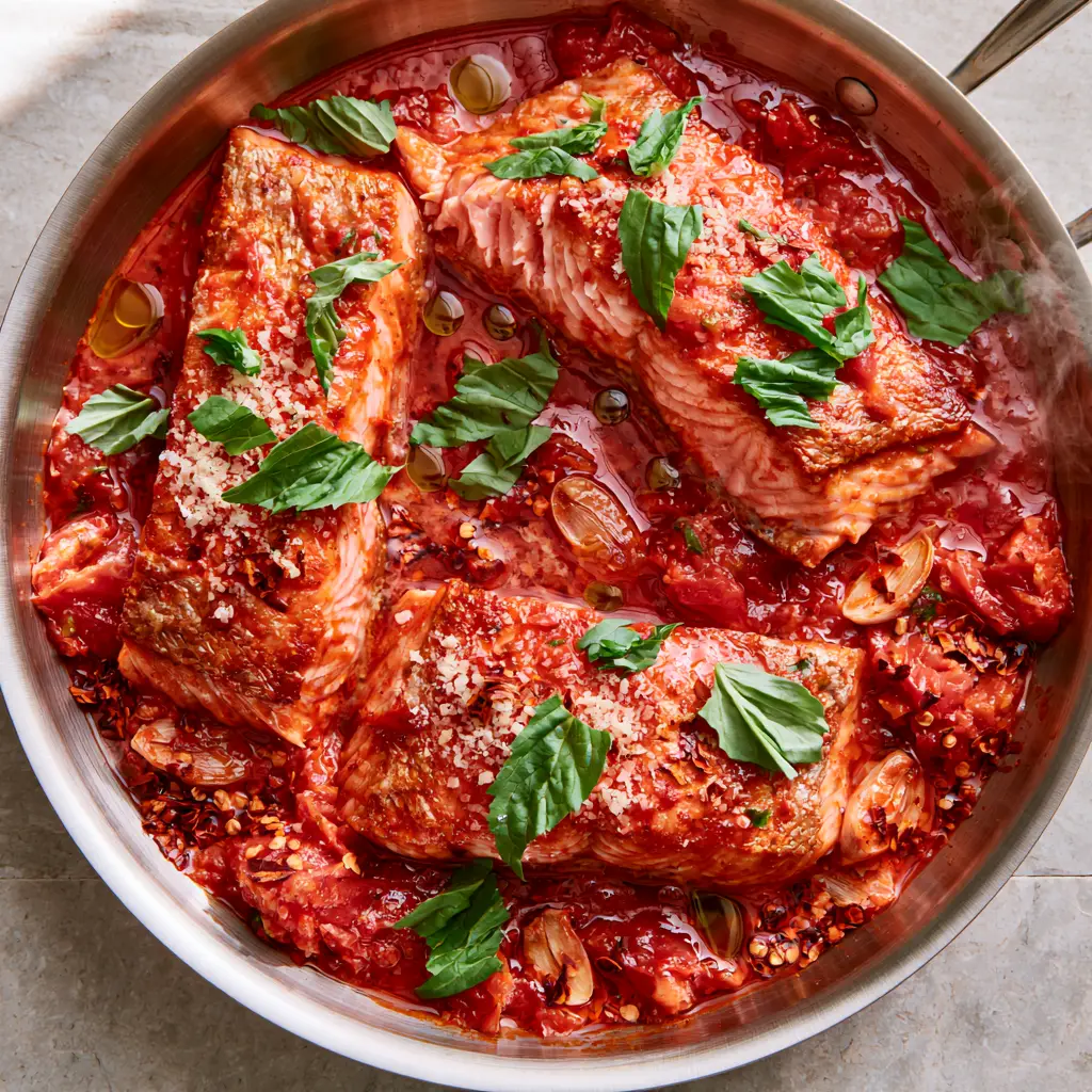 Salmon all'Arrabbiata: Crispy Skin Fillets in a Spicy Tomato Sauce 2 Close-up of golden-brown crispy salmon skin partially submerged in a thick crimson Arrabbiata sauce with garlic slices. (Salmon all'Arrabbiata)