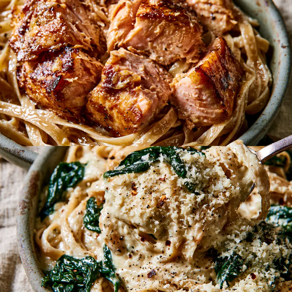 Macro shot of fettuccine pasta being lifted by a fork, coated in garlic cream sauce with wilted spinach.