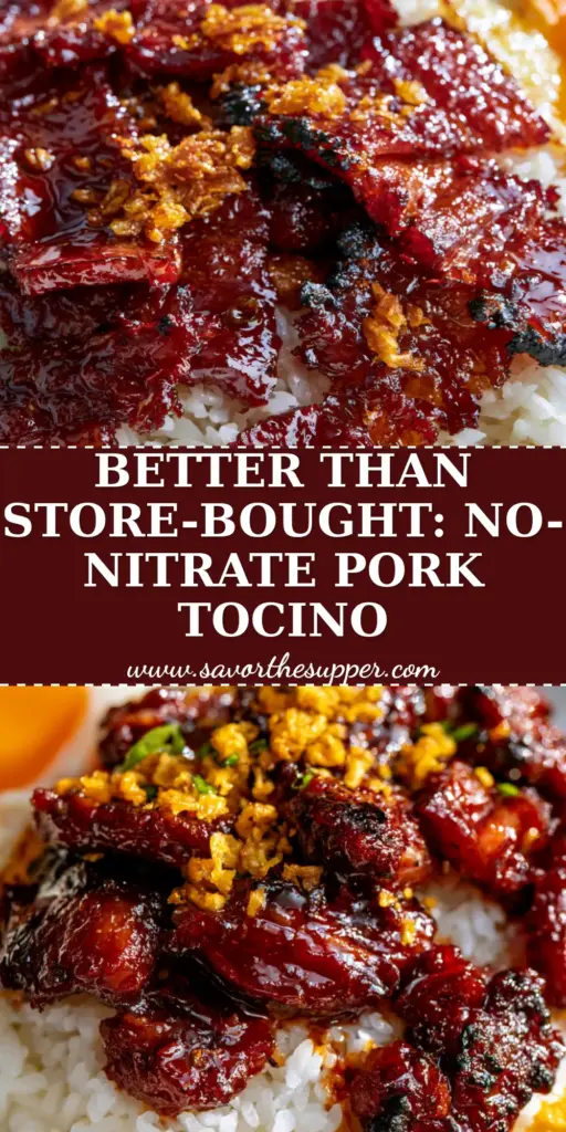 Filipino Pork Tocino: The Ultimate Sticky Mahogany Breakfast Guide 3 A top-down shot of filipino pork tocino with mahogany glaze, garlic fried rice, and a runny sunny-side-up egg on a rustic plate.