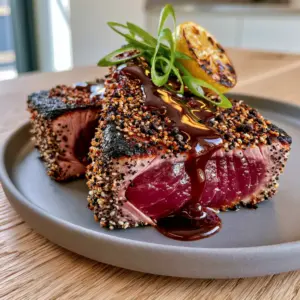 Thick ahi tuna steaks seared in an air fryer, encrusted with black and white sesame seeds and drizzled with soy glaze. (air fryer tuna steaks)