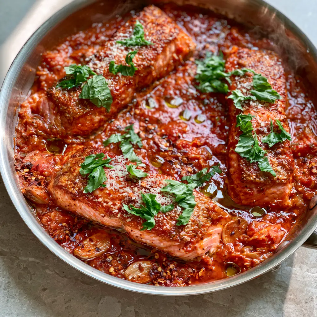 Salmon all'Arrabbiata: Crispy Skin Fillets in a Spicy Tomato Sauce 1 Handheld smartphone photo of a stainless steel skillet containing salmon in spicy tomato sauce with steam rising.