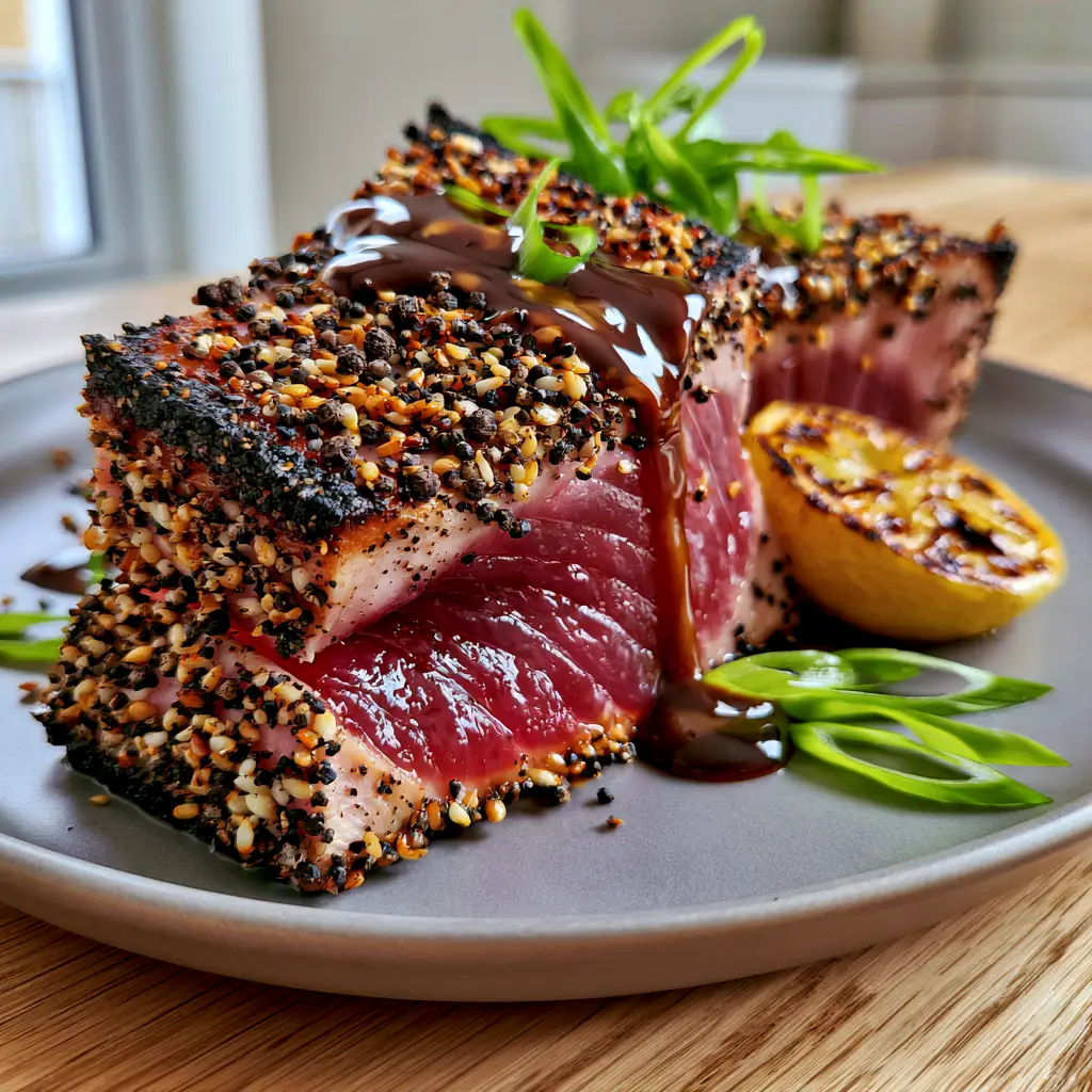 Glistening sliced tuna steak with sesame seeds and soy-ginger glaze on a ceramic plate with charred lemon.