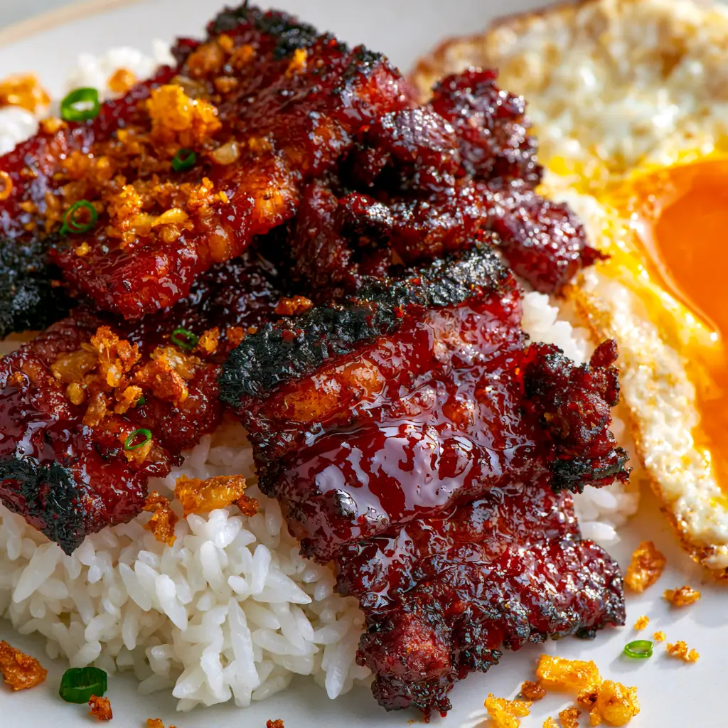 Filipino Pork Tocino: The Ultimate Sticky Mahogany Breakfast Guide 2 Extreme close up of glistening filipino pork tocino slices showing tender muscle fibers and sticky glaze.