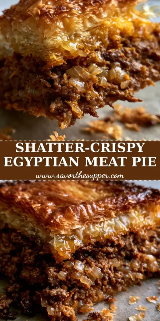 A square slice of Egyptian beef goulash being lifted to show 50 layers of golden phyllo and seasoned beef filling.