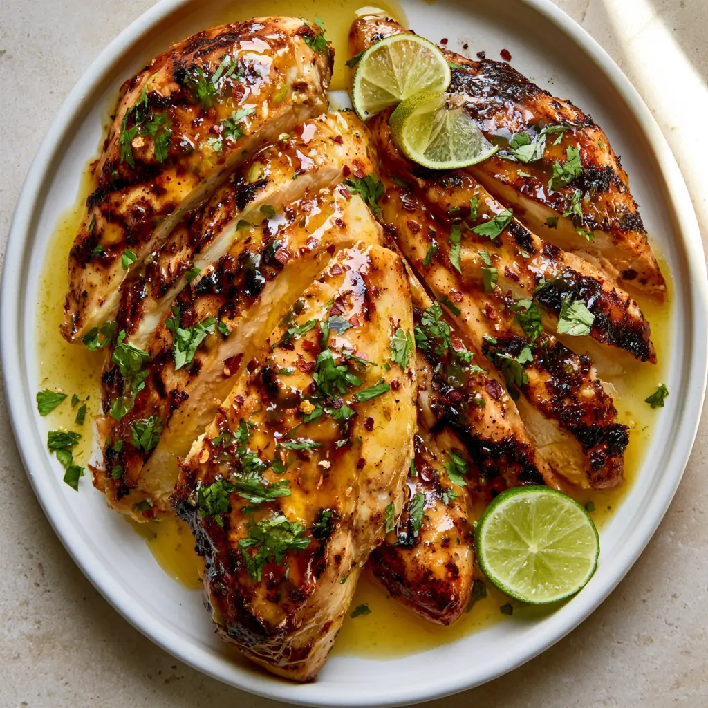 Close up shot of Honey Lime Chicken showing the thick translucent glaze and dark brown grill marks.