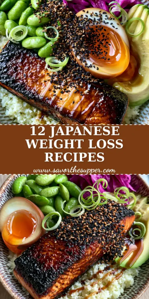 A colorful Japanese weight loss bowl with miso salmon, avocado, and jammy egg on a wooden background. (Japanese recipes for weight loss)