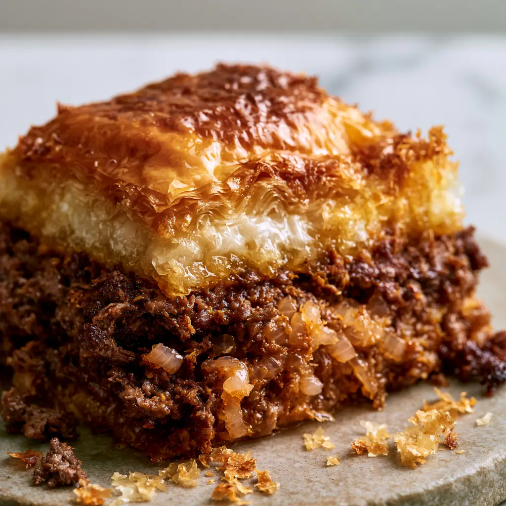 Extreme close-up of Egyptian beef goulash showing glistening clarified butter and translucent phyllo edges.