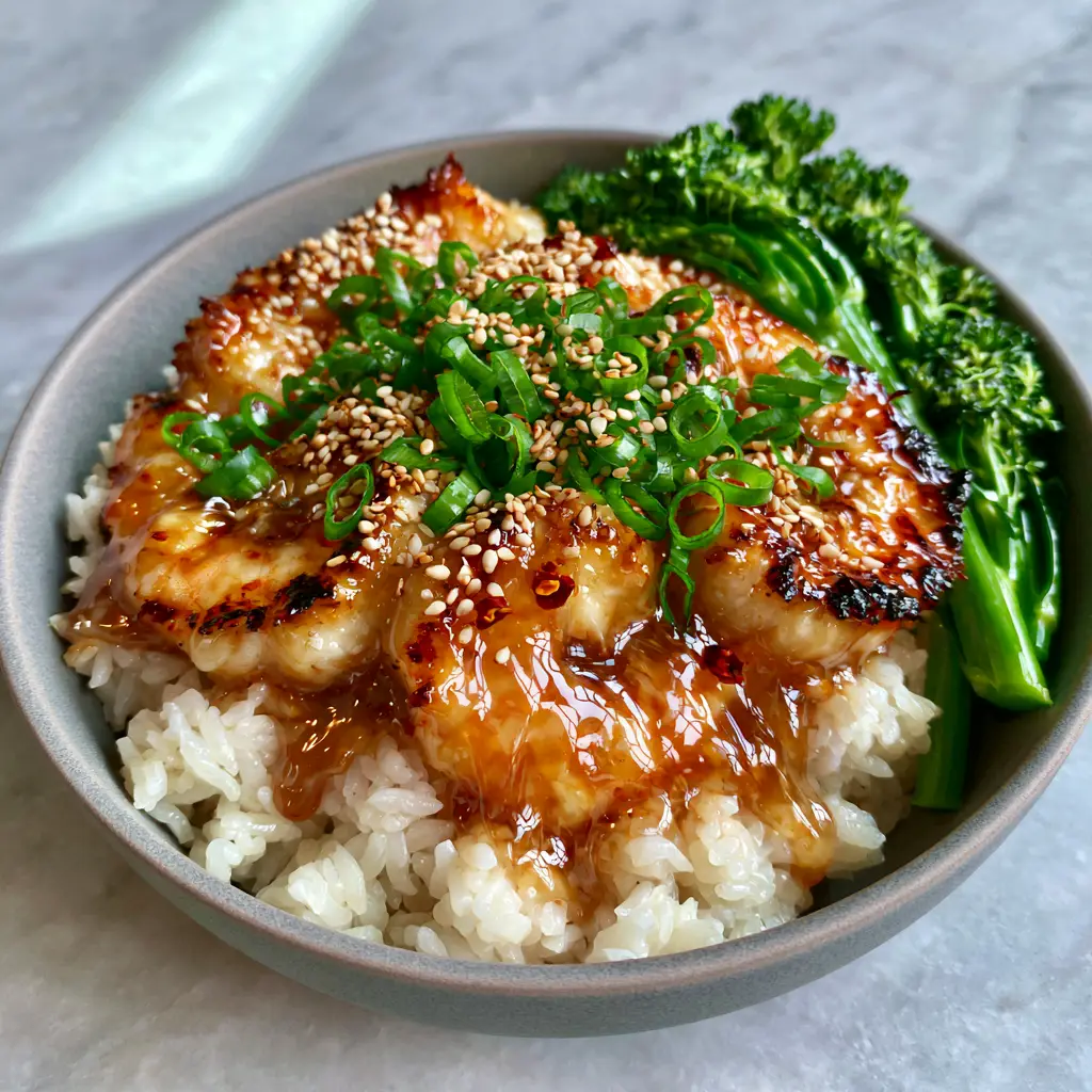 A modern matte grey bowl containing steamed jasmine rice, glazed honey garlic shrimp, and bright green broccolini. (Shrimp Rice Bowl)