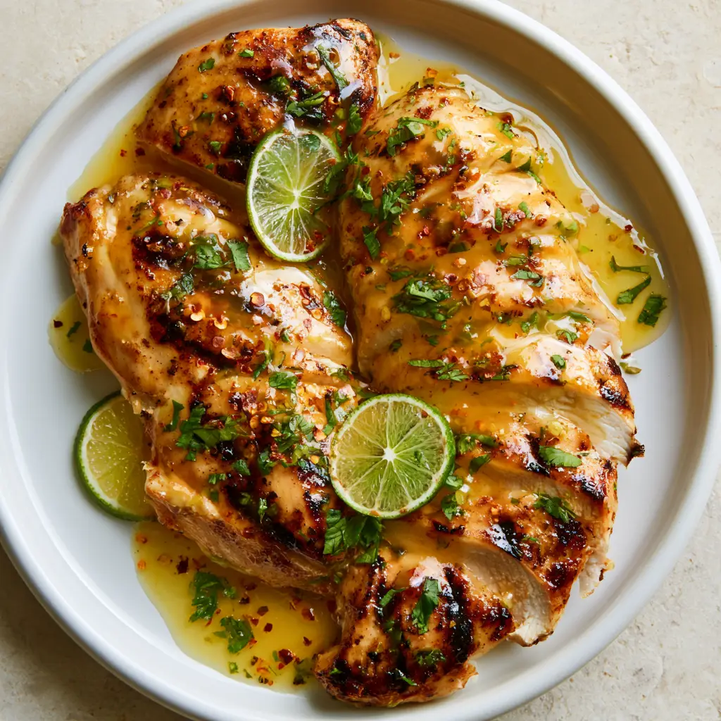 Sliced grilled Honey Lime Chicken garnished with fresh cilantro flakes and lime wedges on a stone countertop.