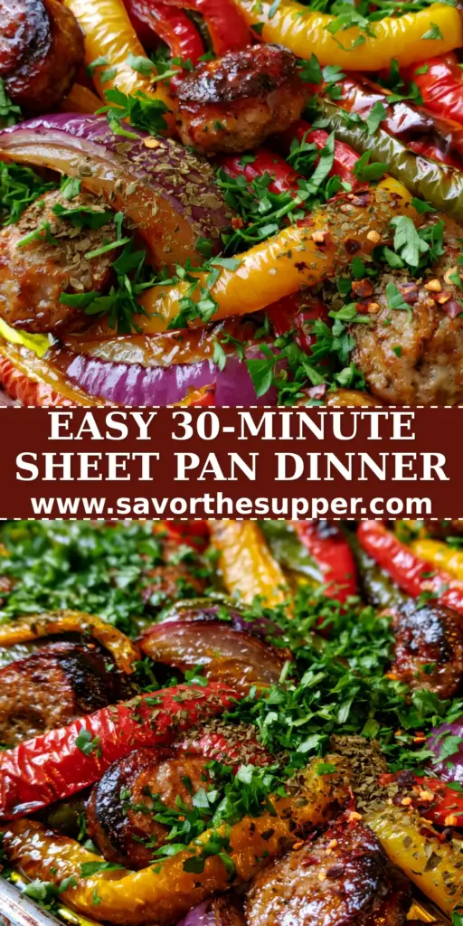 A close-up of a weathered aluminum sheet pan filled with seared sausage coins and charred colorful peppers. (sausage and peppers recipe)