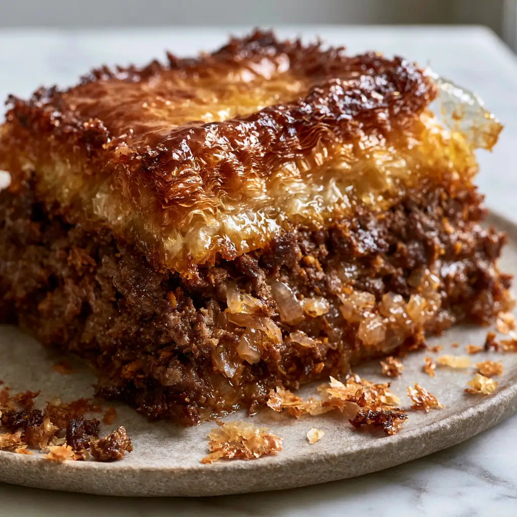 A cross-section of Egyptian beef goulash with toasted nigella seeds on a matte stone plate.