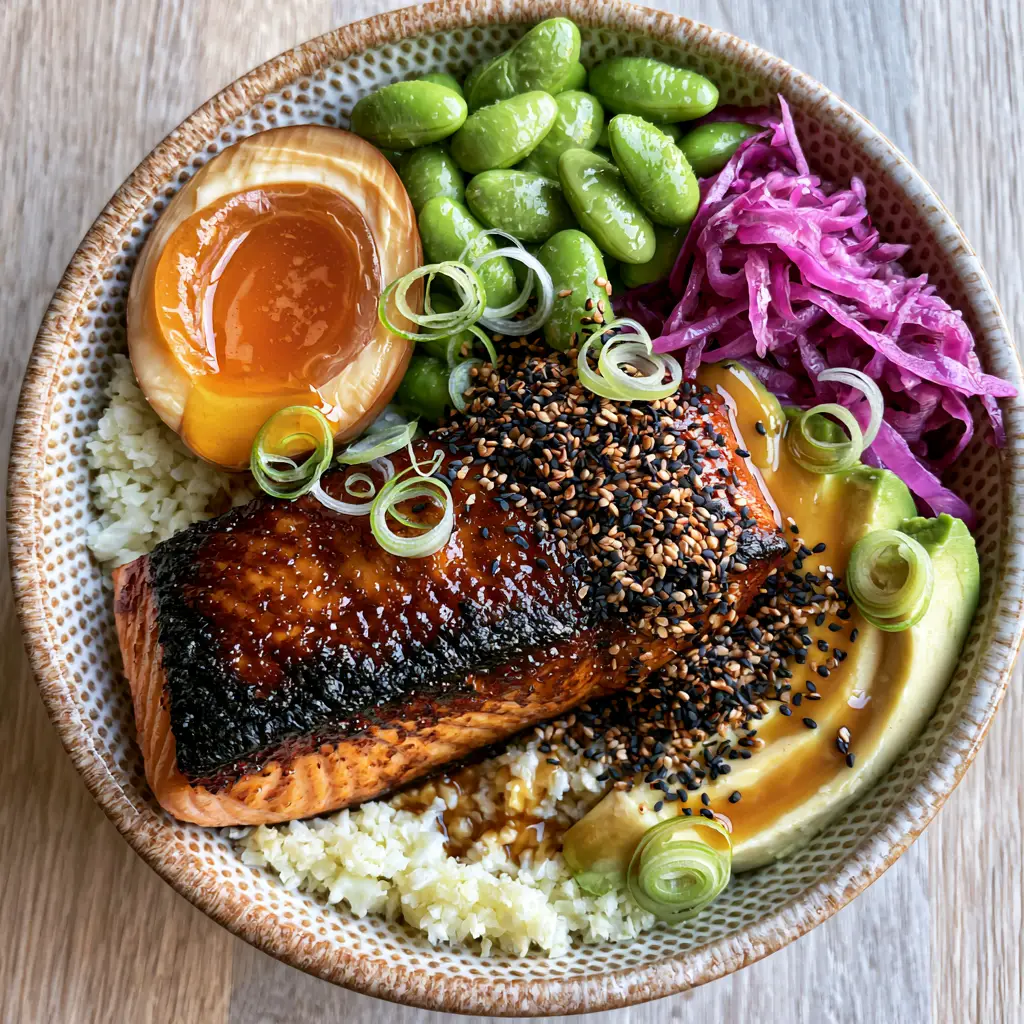 A textured ceramic bowl filled with cauliflower rice, jammy egg, and vibrant vegetables. (Japanese recipes for weight loss)