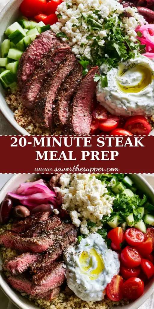Mediterranean Steak Bowl: The Ultimate Protein-Packed Fresh Grain Bowl 4 A top-down photo of a Mediterranean steak bowl with seared beef, white quinoa, and creamy tzatziki on a white marble surface.