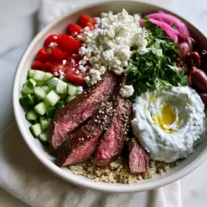 Close up of seared medium-rare steak strips in a Mediterranean steak bowl with fresh herbs.