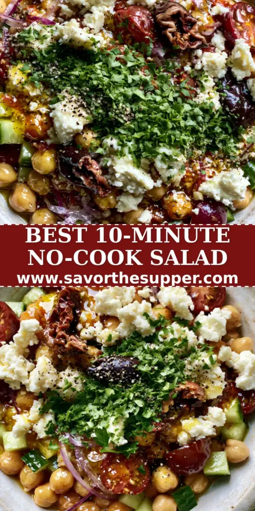 An overhead handheld photo of a vibrant greek chickpea salad in a rustic white bowl featuring glossy chickpeas, cucumbers, and feta.