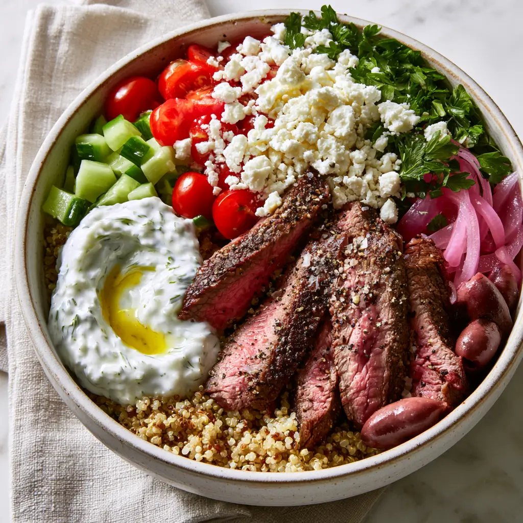 Mediterranean Steak Bowl: The Ultimate Protein-Packed Fresh Grain Bowl 1 Top-down view of a Mediterranean steak bowl featuring fluffy quinoa and bright vegetables.