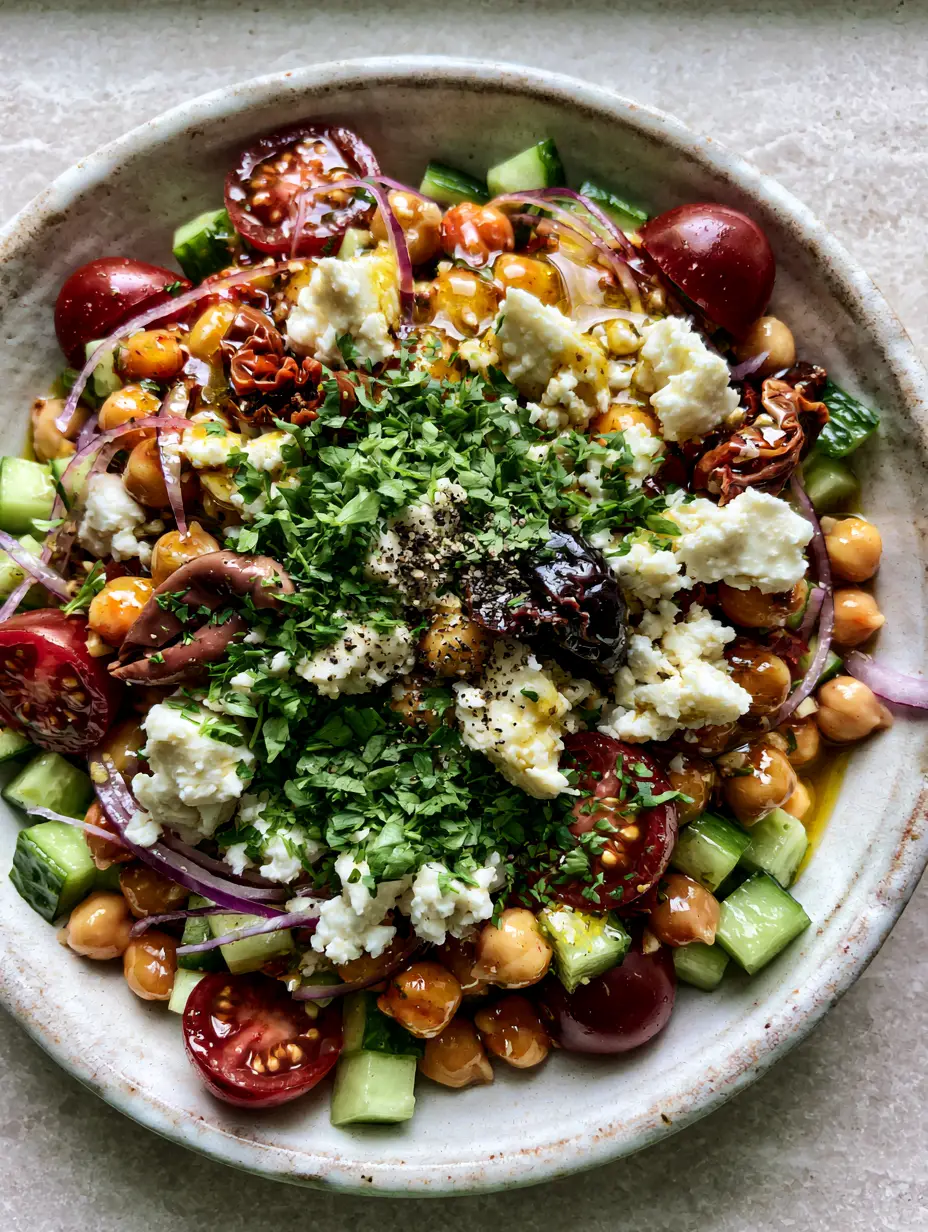 Close-up of a greek chickpea salad showing glistening golden dressing on cherry tomatoes and crunchy cucumbers.