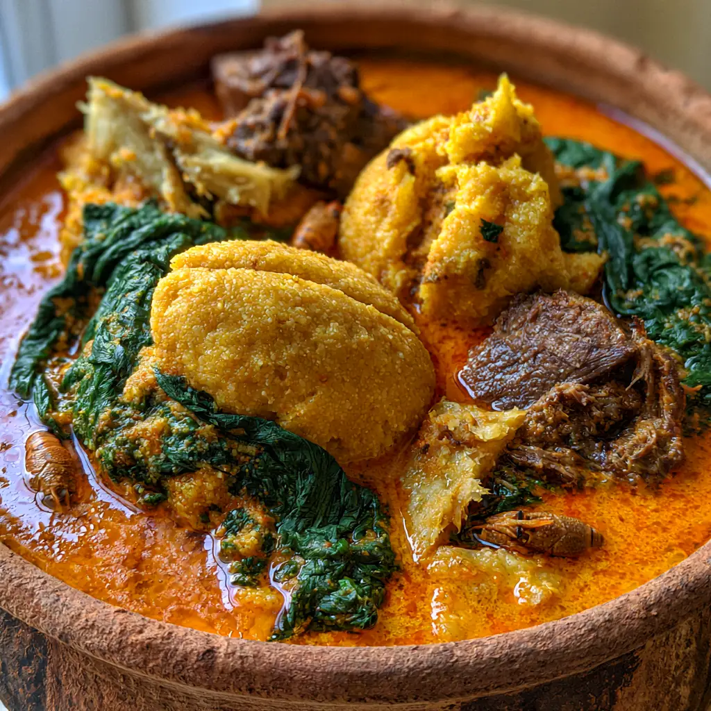 Egusi Soup Recipe: The Secret to Perfectly Steamed Melon Lumps 1 Detailed view of Egusi soup with succulent beef chunks, stockfish, and wilted spinach. (Egusi Soup Recipe)