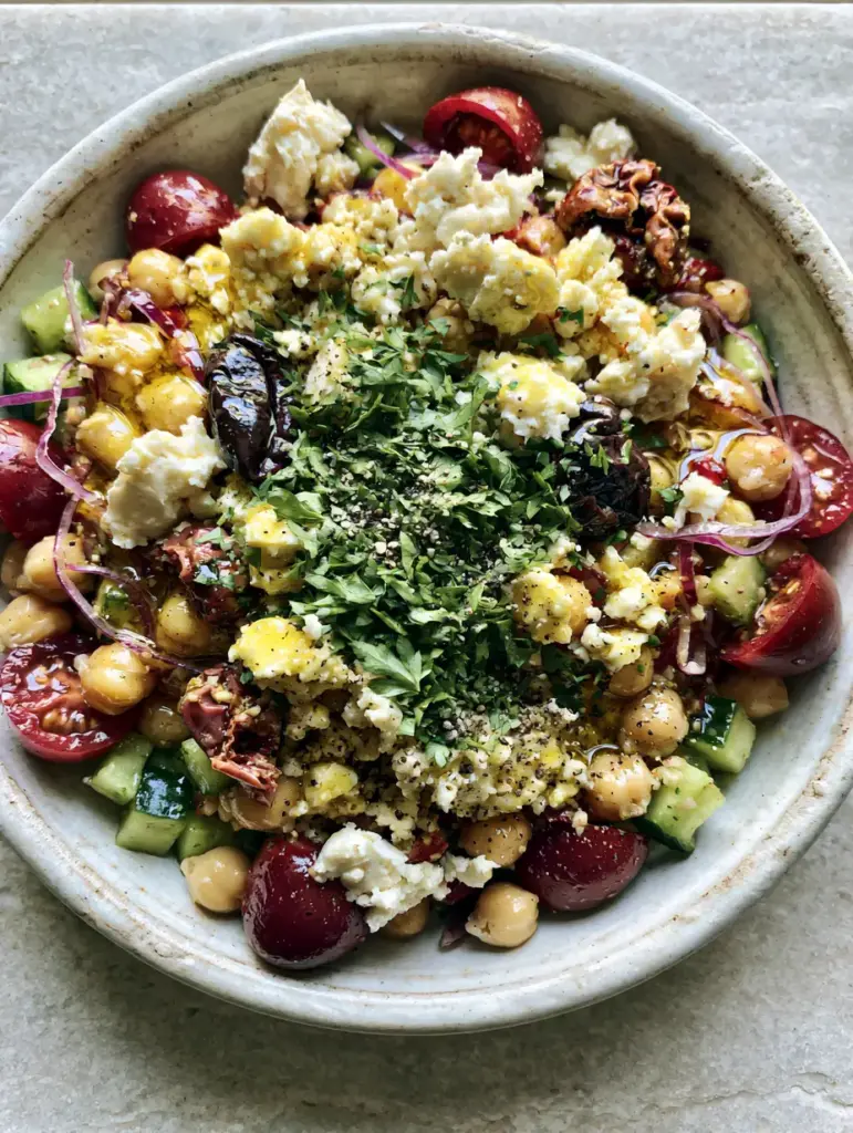 Overhead shot of greek chickpea salad with chunky white feta and dark Kalamata olives on a stone surface.