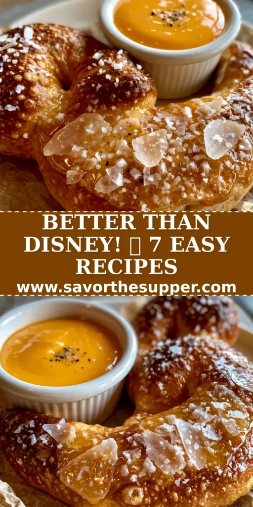 A handheld smartphone photo of a golden-brown Mickey-shaped soft pretzel with Maldon salt and cheddar dip. (Disney inspired food)