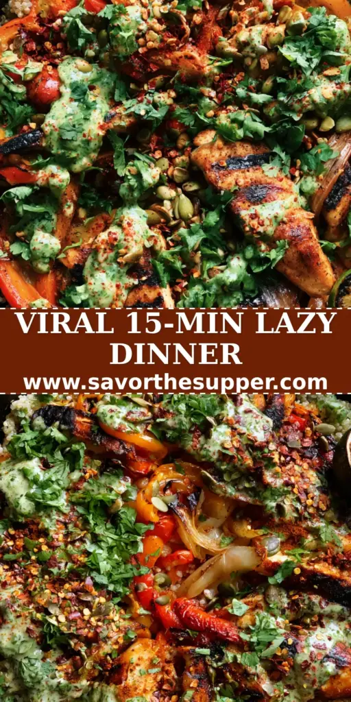 A top-down shot of a cast iron skillet with seared chicken, blistered peppers, and quinoa topped with crema. (quick recipes)