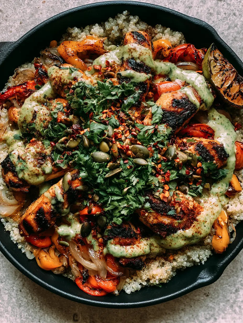 Professional food photography of seared chicken strips and blistered peppers in a cast iron pan. (quick recipes)