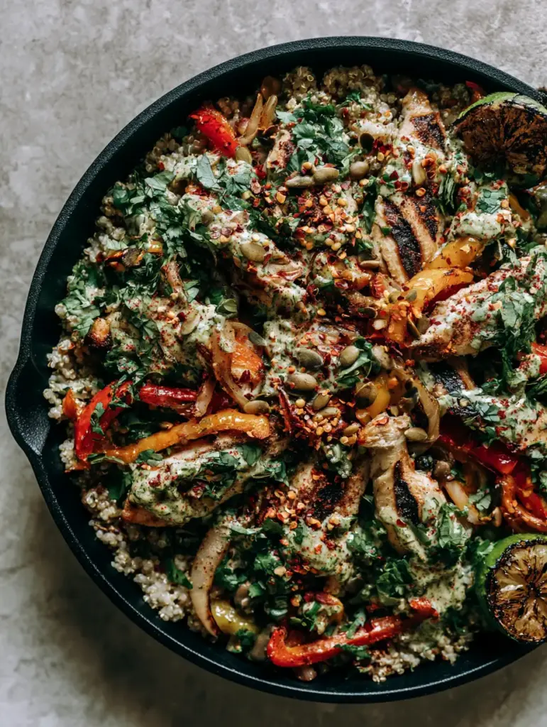 Close up of quinoa mixed with charred onions and peppers drizzled with white cilantro cream.