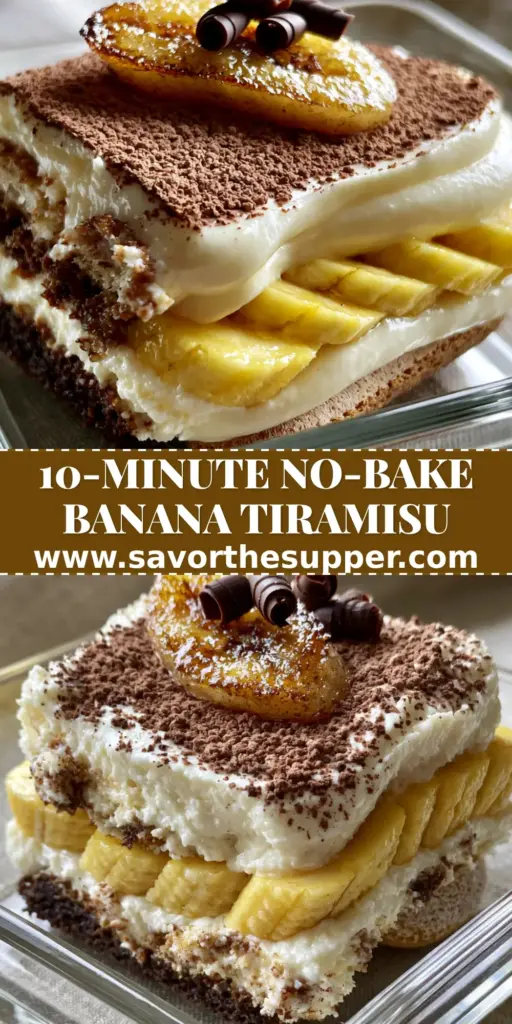 A close-up vertical shot of a pristine slice of banana pudding tiramisu in a glass dish showing espresso ladyfinger and banana layers.