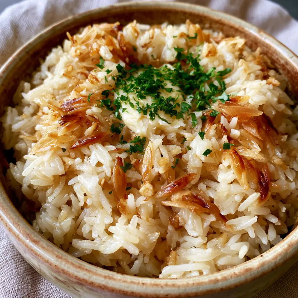 Rice Pilaf Recipe: The Ultimate Garlic Butter and Toasted Orzo Side Dish 2 Close up handheld photo of glistening long-grain rice and deep golden orzo in a ceramic bowl (rice pilaf recipe)