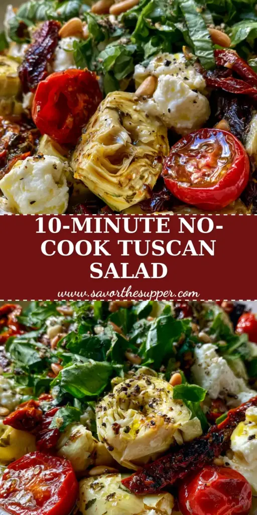 A rustic white bowl filled with Tuscan artichoke tomato salad, featuring glistening artichokes, red cherry tomatoes, and green basil ribbons.