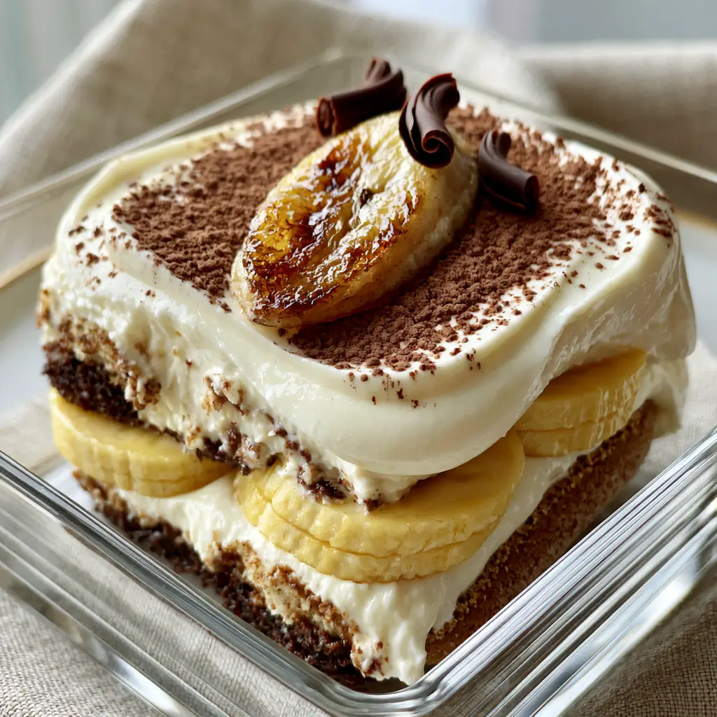 A smartphone photo of a pristine slice of banana pudding tiramisu highlighting the cocoa dusting and chocolate curls.