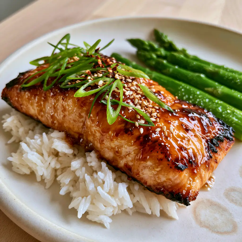 Macro photo of honey glazed salmon showing the bubbling honey garlic glaze and charred, caramelized edges. (honey glazed salmon)