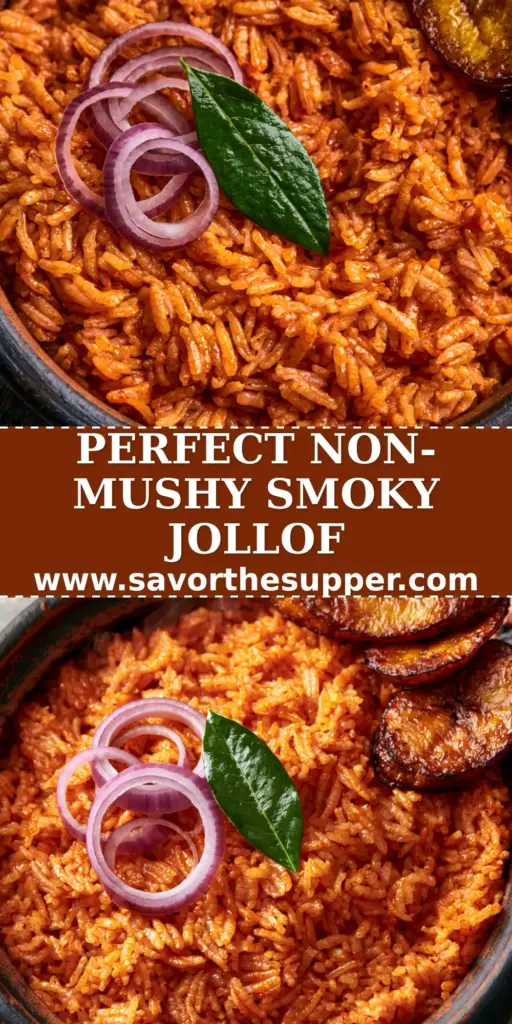 A top-down view of Nigerian Jollof Rice in a black earthenware pot with distinct reddish-orange grains, topped with red onion rings and a bay leaf, served with fried plantains and grilled chicken.