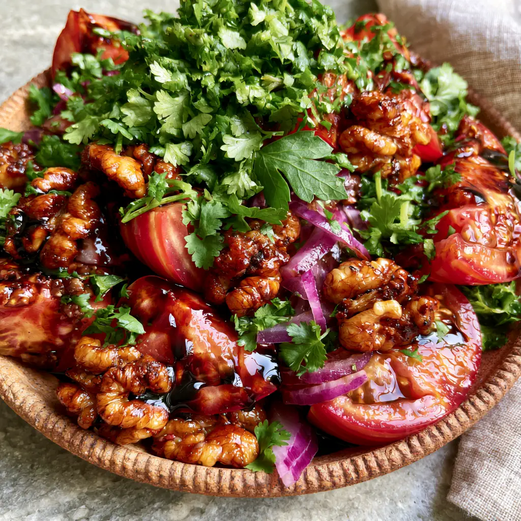 Detailed view of chopped herbs and balsamic glaze pooling on a Tomato and Walnut Salad.