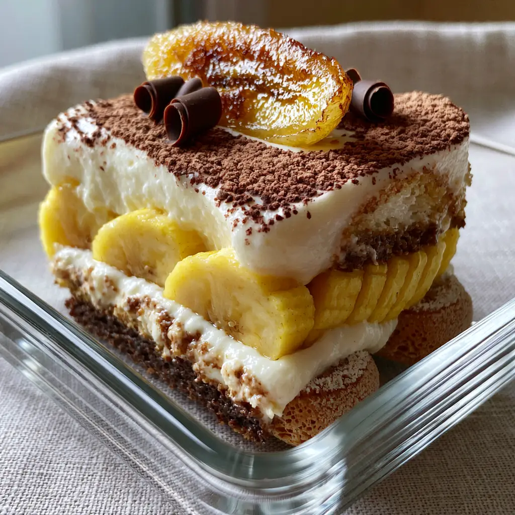 Side view of banana pudding tiramisu in a transparent dish showing the dark espresso-soaked ladyfingers and yellow banana slices.