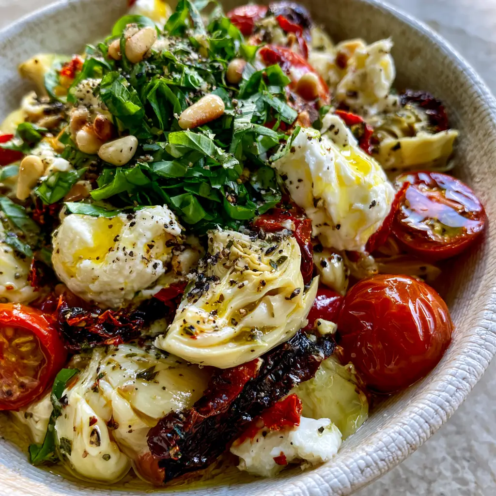 Extreme close-up of marinated artichoke hearts and sun-dried tomatoes in a Tuscan artichoke tomato salad.