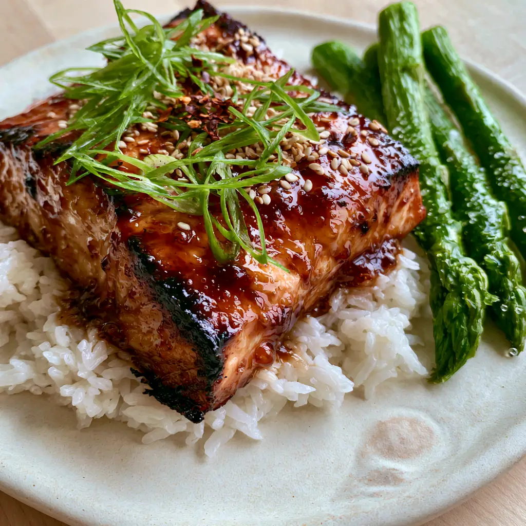 A smartphone-style photo of honey glazed salmon on jasmine rice garnished with green onions and sesame seeds.