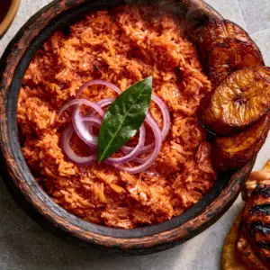 A smartphone photo of vibrant Nigerian Jollof Rice showing glistening long-grain parboiled rice in a rustic pot with steam rising.
