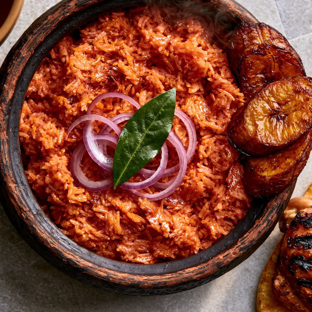 A smartphone photo of vibrant Nigerian Jollof Rice showing glistening long-grain parboiled rice in a rustic pot with steam rising.